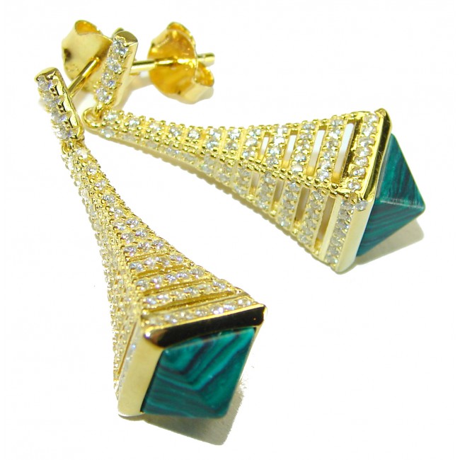 Outstanding authentic 5.2 carat Malachite 18K Gold over .925 Sterling Silver Earrings