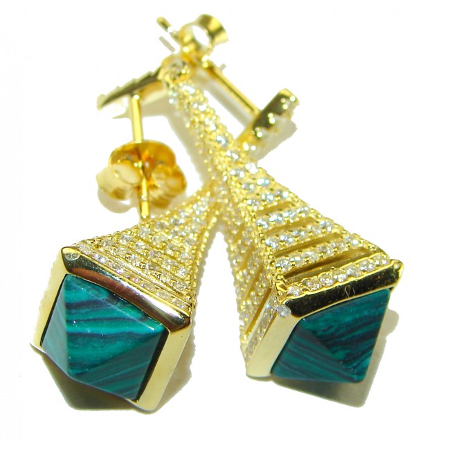 Outstanding authentic 5.2 carat Malachite 18K Gold over .925 Sterling Silver Earrings
