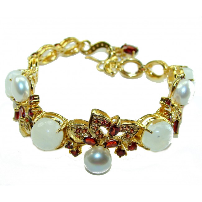 Genuine Rainbow Moonstone Pear Ruby 14K Gold over .925 Sterling Silver handmade Bracelet