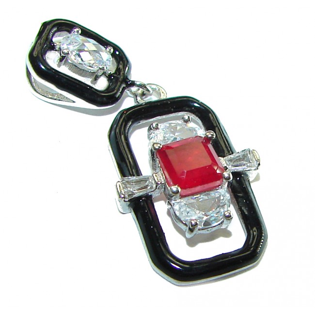 Art Deco 2.3 carat Ruby black enamel .925 Sterling Silver handmade Pendant - photo 1