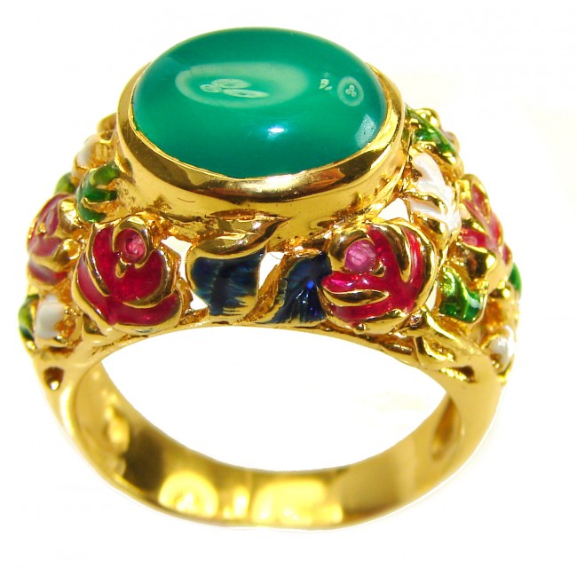Real Beauty of Nature - natural 12.5 carat Jade enamel 18K Gold over .925 Sterling Silver handmade Statement Ring size 8 1/4