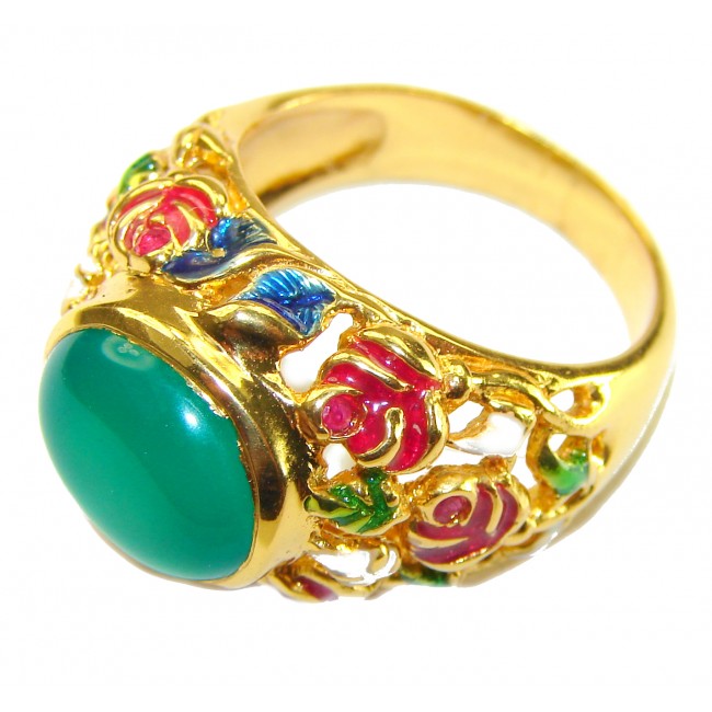 Real Beauty of Nature - natural 12.5 carat Jade enamel 18K Gold over .925 Sterling Silver handmade Statement Ring size 8 1/4