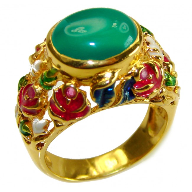 Real Beauty of Nature - natural 12.5 carat Jade enamel 18K Gold over .925 Sterling Silver handmade Statement Ring size 8 1/4