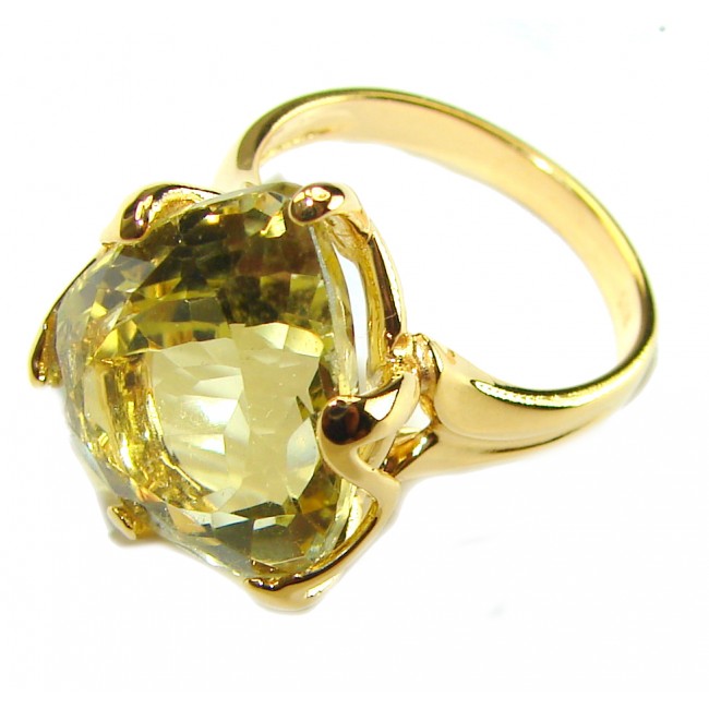 11.8 carat Genuine Trillion cut Lemon Quartz 14K Gold over .925 Sterling Silver handcrafted ring size 7 - photo 1