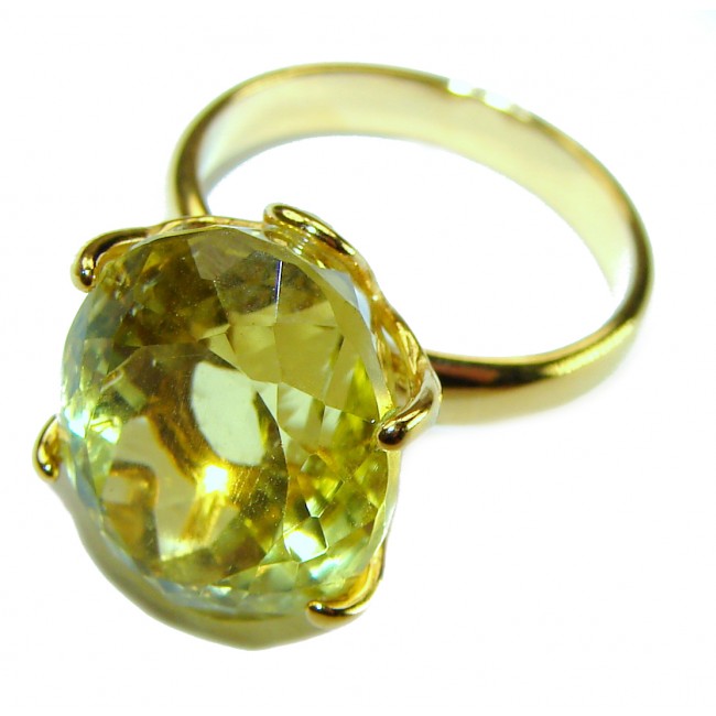11.8 carat Genuine fancy oval cut Lemon Quartz 14K Gold over .925 Sterling Silver handcrafted ring size 7 - photo 1