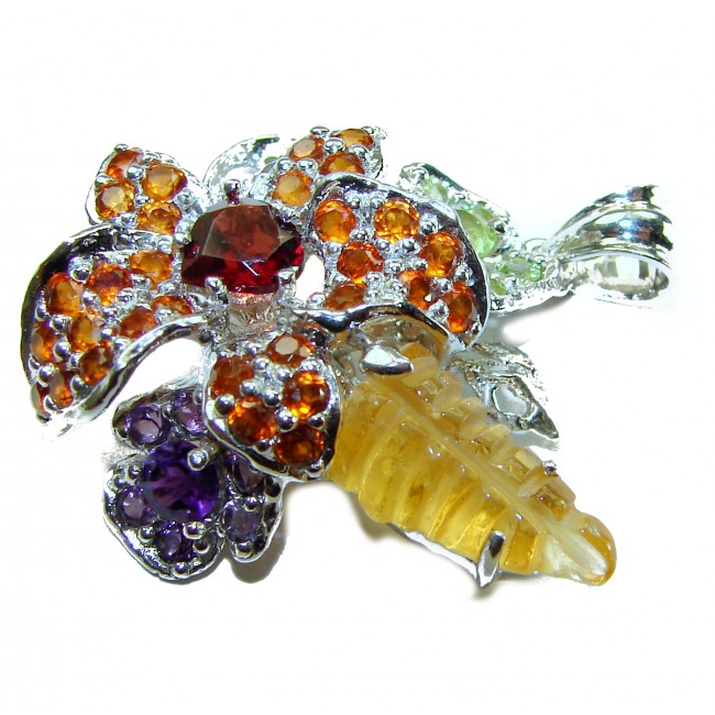 Milano Luxurious Style Natural carved Citrine .925 Sterling Silver handmade Pendant - photo 2