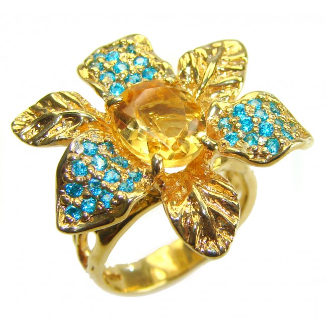 Golden Flower 5.5 carat Authentic Citrine Apatite 14K Gold over .925 Sterling Silver handcrafted Statement ring size 7 1/4