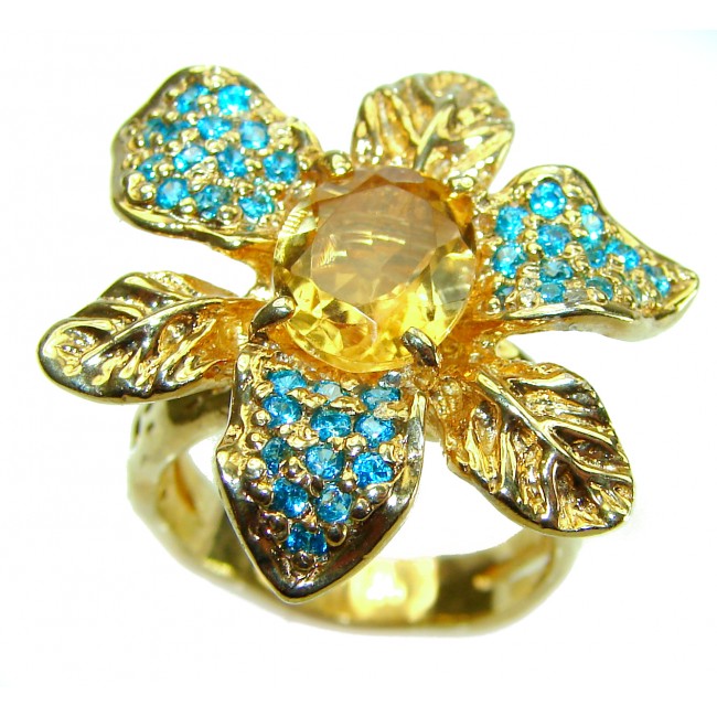 Golden Flower 5.5 carat Authentic Citrine Apatite 14K Gold over .925 Sterling Silver handcrafted Statement ring size 7 1/4