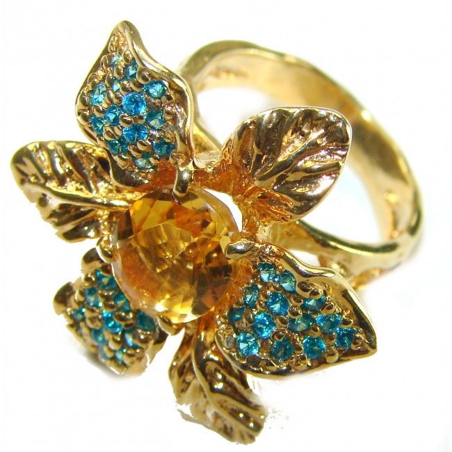 Golden Flower 5.5 carat Authentic Citrine Apatite 14K Gold over .925 Sterling Silver handcrafted Statement ring size 7 1/4