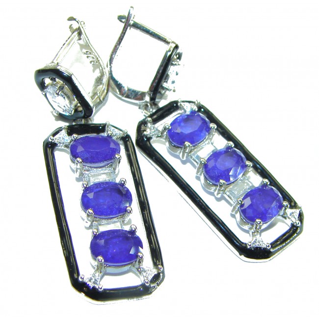Art Deco 11.5 carat Sapphire black enamel .925 Sterling Silver handcrafted earrings - photo 3