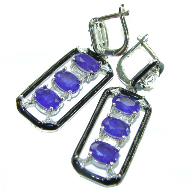 Art Deco 11.5 carat Sapphire black enamel .925 Sterling Silver handcrafted earrings - photo 2