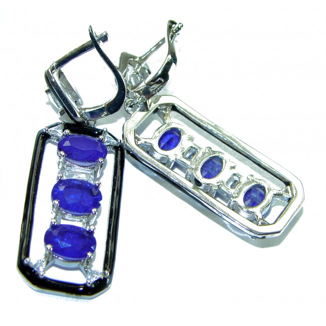 Art Deco 11.5 carat Sapphire black enamel .925 Sterling Silver handcrafted earrings - photo 1