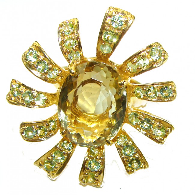 Golden Flower 10.5 carat Authentic Citrine Peridot 14K Gold over .925 Sterling Silver handcrafted Statement ring size 7