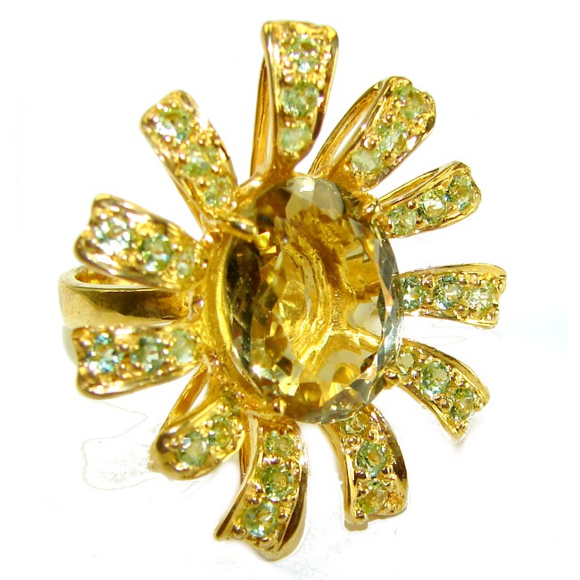 Golden Flower 10.5 carat Authentic Citrine Peridot 14K Gold over .925 Sterling Silver handcrafted Statement ring size 7