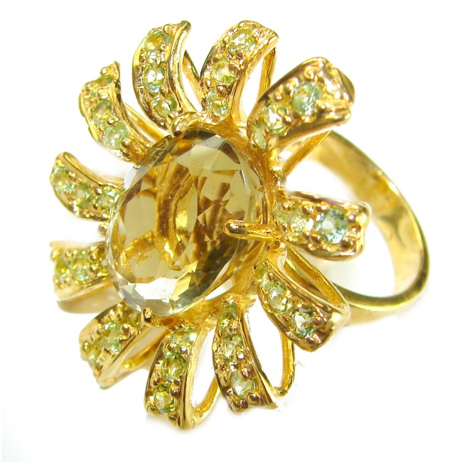 Golden Flower 10.5 carat Authentic Citrine Peridot 14K Gold over .925 Sterling Silver handcrafted Statement ring size 7