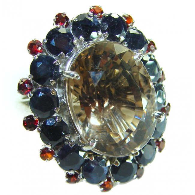 Egyptian Night 18.5 carat Champagne Smoky Topaz Sapphire .925 Sterling Silver Ring size 6