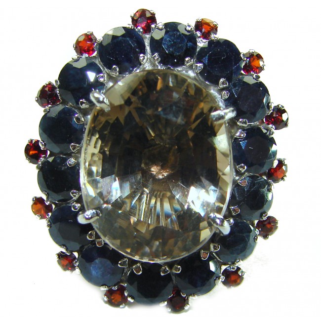 Egyptian Night 18.5 carat Champagne Smoky Topaz Sapphire .925 Sterling Silver Ring size 6
