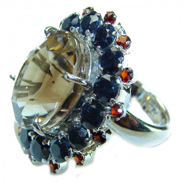 Egyptian Night 18.5 carat Champagne Smoky Topaz Sapphire .925 Sterling Silver Ring size 6