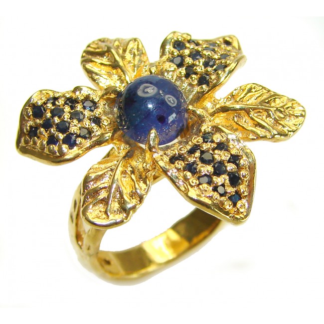 Blue Flower Authentic African Kyanite Sapphire 14K Gold over .925 Sterling Silver handmade rubg size 8 1/4