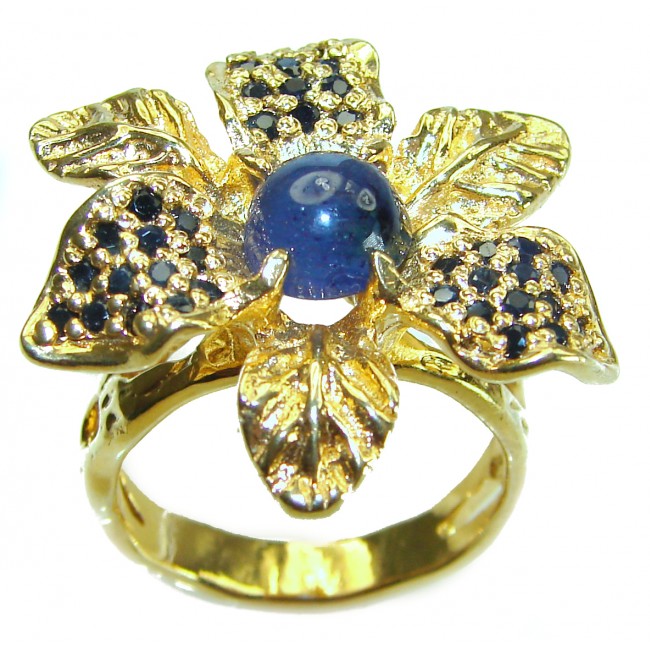 Blue Flower Authentic African Kyanite Sapphire 14K Gold over .925 Sterling Silver handmade rubg size 8 1/4