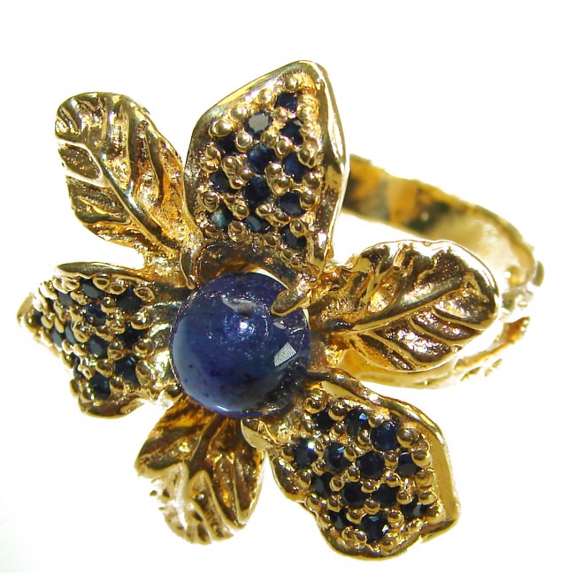 Blue Flower Authentic African Kyanite Sapphire 14K Gold over .925 Sterling Silver handmade rubg size 8 1/4