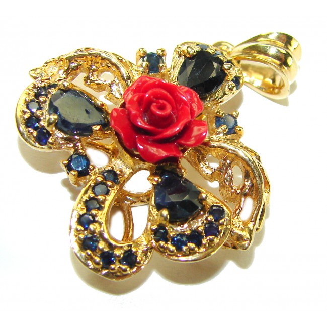 Red Rose Authentic Coral Sapphire 14K Gold over .925 Sterling Silver handmade pendant
