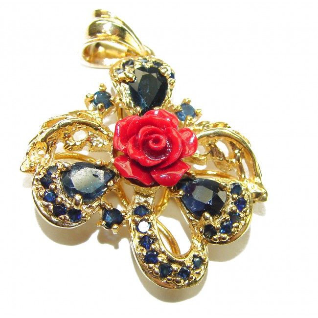Red Rose Authentic Coral Sapphire 14K Gold over .925 Sterling Silver handmade pendant