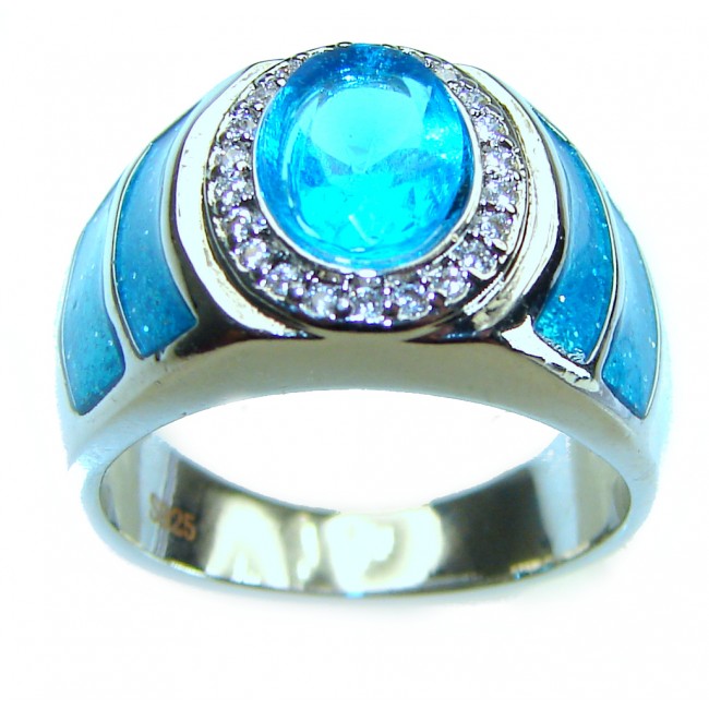 Glory 5.5 carat Swiss Blue Topaz inlay doublet Opal .925 Sterling Silver handmade Statement Ring s. 6 1/4 - photo 3