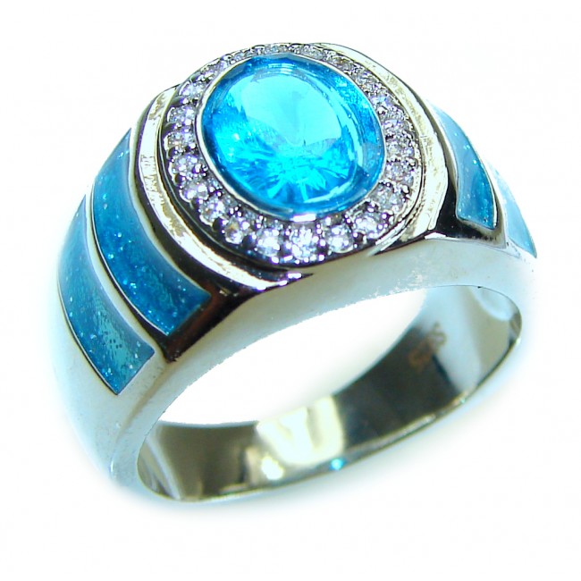 Glory 5.5 carat Swiss Blue Topaz inlay doublet Opal .925 Sterling Silver handmade Statement Ring s. 6 1/4 - photo 2