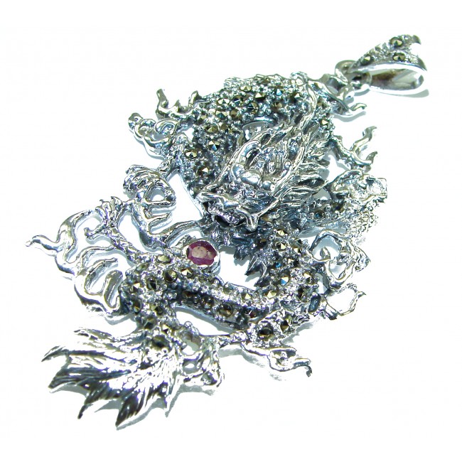 Large Flyaing Dragon Ruby Marcasite .925 Sterling Silver handcrafted Pendant