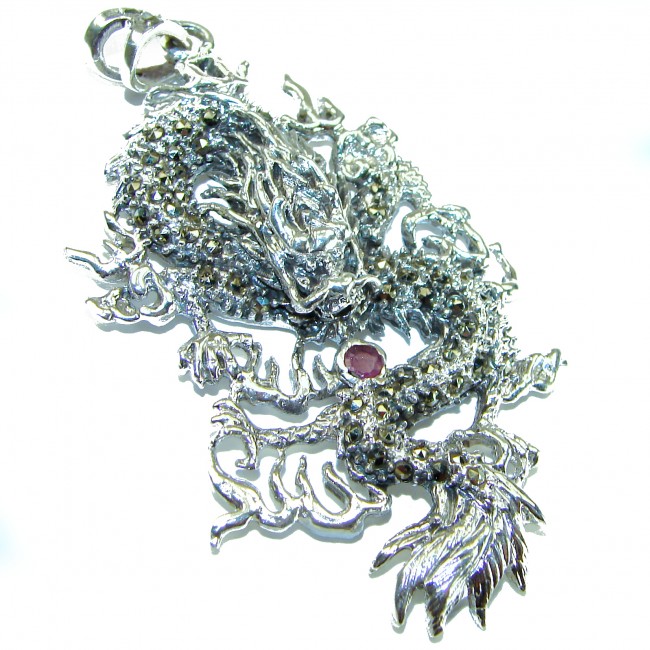 Large Flyaing Dragon Ruby Marcasite .925 Sterling Silver handcrafted Pendant