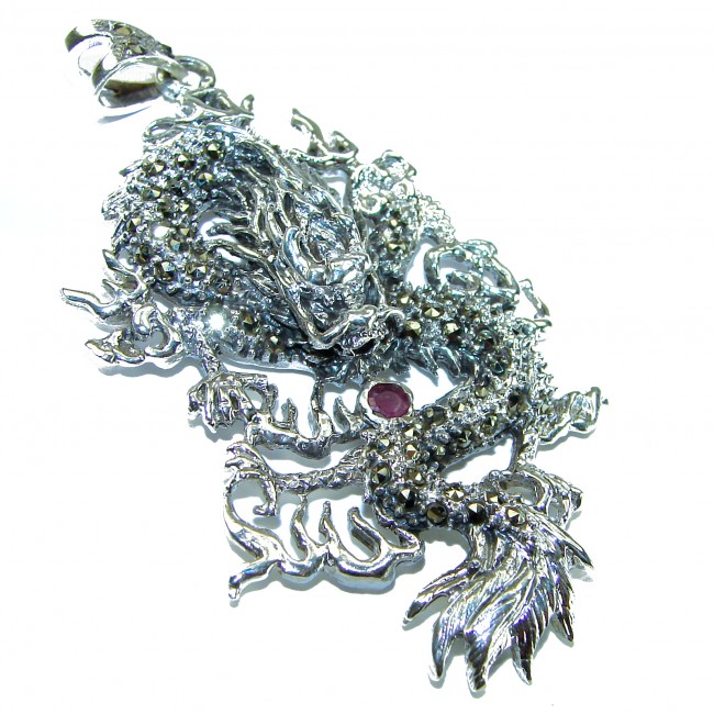 Large Flyaing Dragon Ruby Marcasite .925 Sterling Silver handcrafted Pendant
