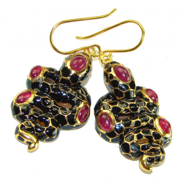 Black Snakes Genuine Enamel Ruby 18K Gold over .925 Sterling Silver handcrafted Earrings