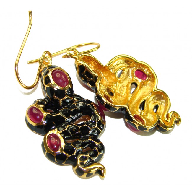 Black Snakes Genuine Enamel Ruby 18K Gold over .925 Sterling Silver handcrafted Earrings