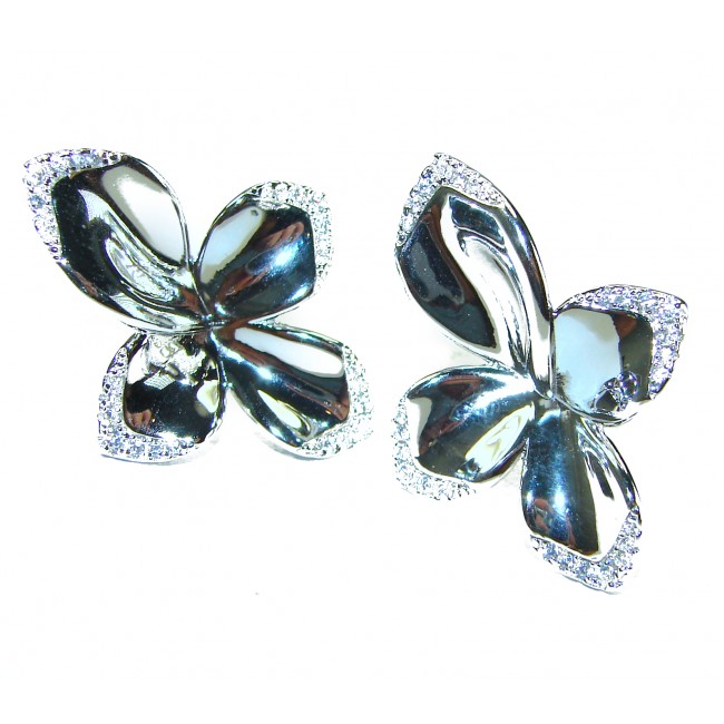 Lotus flower White Topaz highly polished Rhodium over .925 Sterling Silver Italy made Earrings