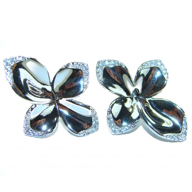 Lotus flower White Topaz highly polished Rhodium over .925 Sterling Silver Italy made Earrings
