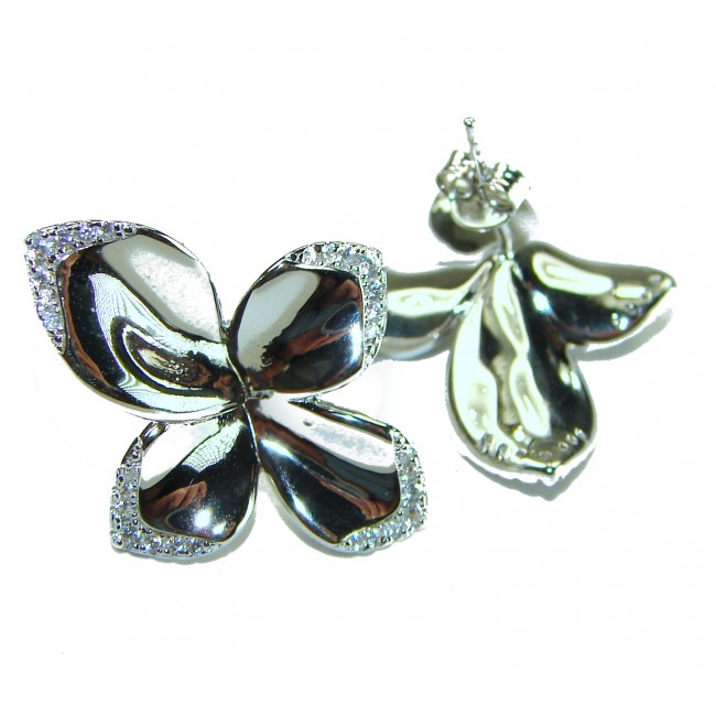 Lotus flower White Topaz highly polished Rhodium over .925 Sterling Silver Italy made Earrings