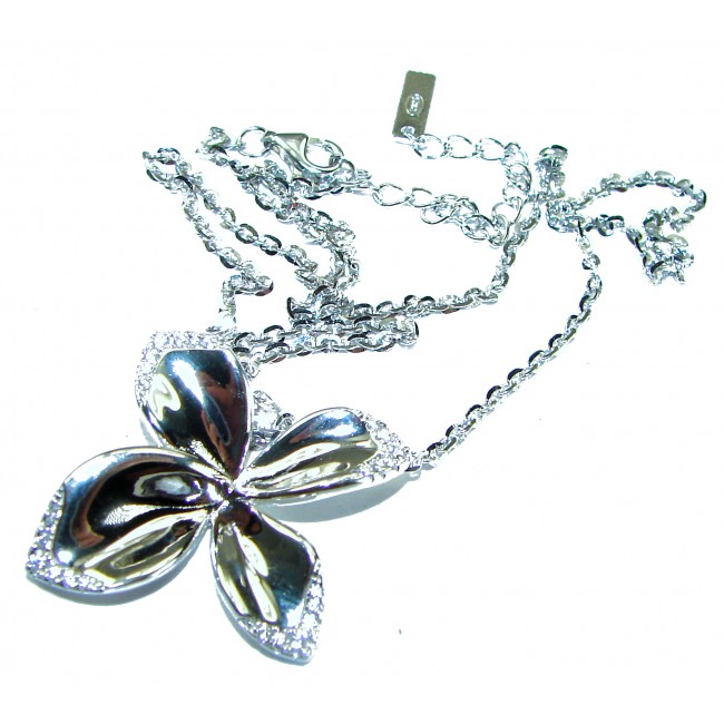 Lotus flower White Topaz highly polished Rhodium over .925 Sterling Silver Italy made necklace