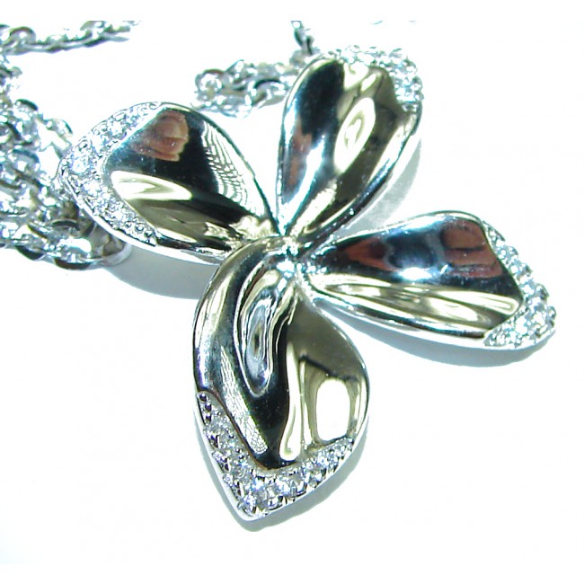 Lotus flower White Topaz highly polished Rhodium over .925 Sterling Silver Italy made necklace