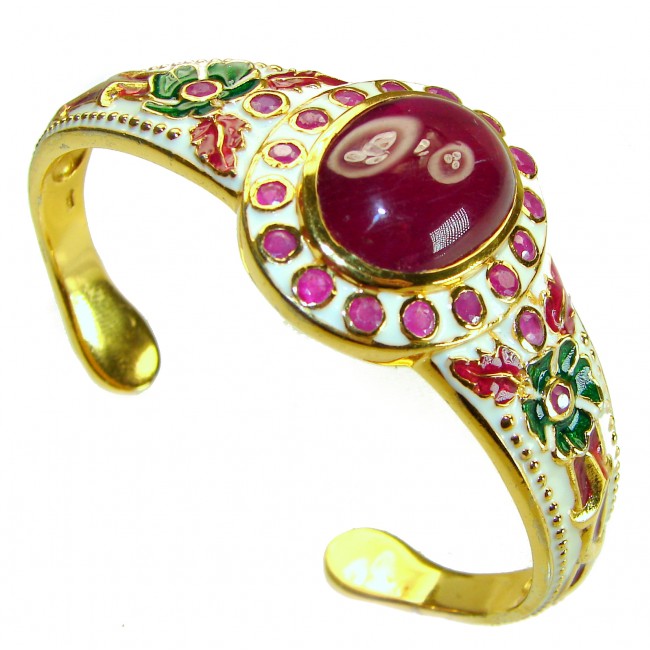 Floral Design Genuine 22.5 carat Ruby Enamel 18K Gold over .925 Sterling Silver Bracelet / Cuff - photo 5