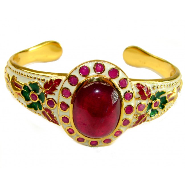 Floral Design Genuine 22.5 carat Ruby Enamel 18K Gold over .925 Sterling Silver Bracelet / Cuff - photo 4