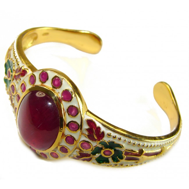 Floral Design Genuine 22.5 carat Ruby Enamel 18K Gold over .925 Sterling Silver Bracelet / Cuff - photo 3