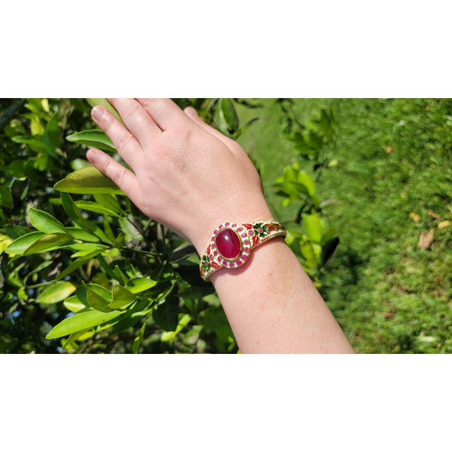 Floral Design Genuine 22.5 carat Ruby Enamel 18K Gold over .925 Sterling Silver Bracelet / Cuff - photo 1