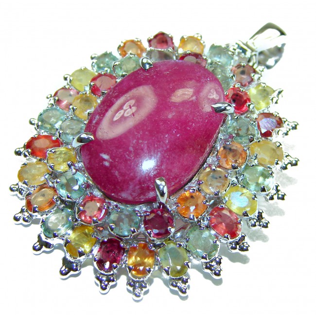 Precious Genuine 27.5 carat Ruby multicolor Sapphire .925 Sterling Silver handmade Pendant - Brooch