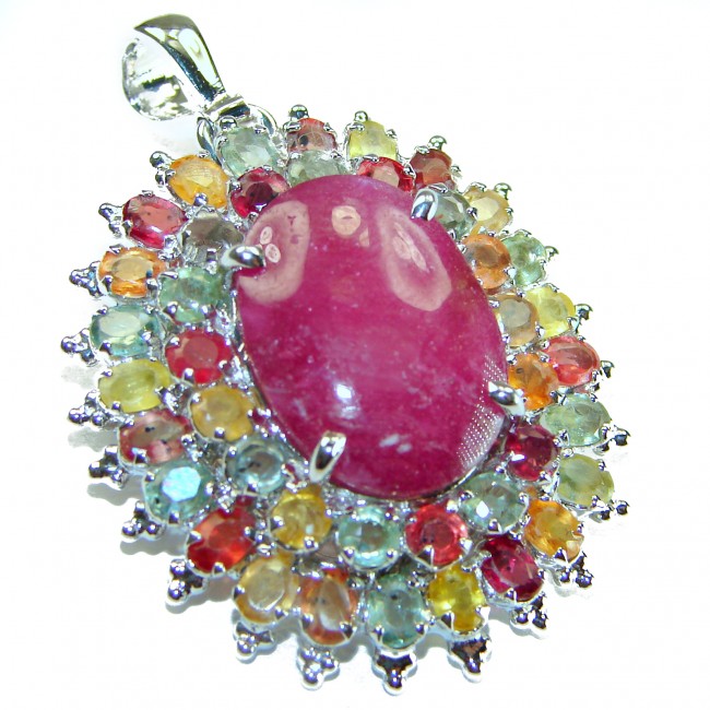 Precious Genuine 27.5 carat Ruby multicolor Sapphire .925 Sterling Silver handmade Pendant - Brooch