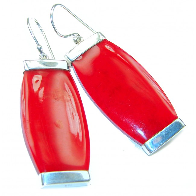 Large Genuine Red Fossilized Coral .925 Sterling Silver handmade earrings