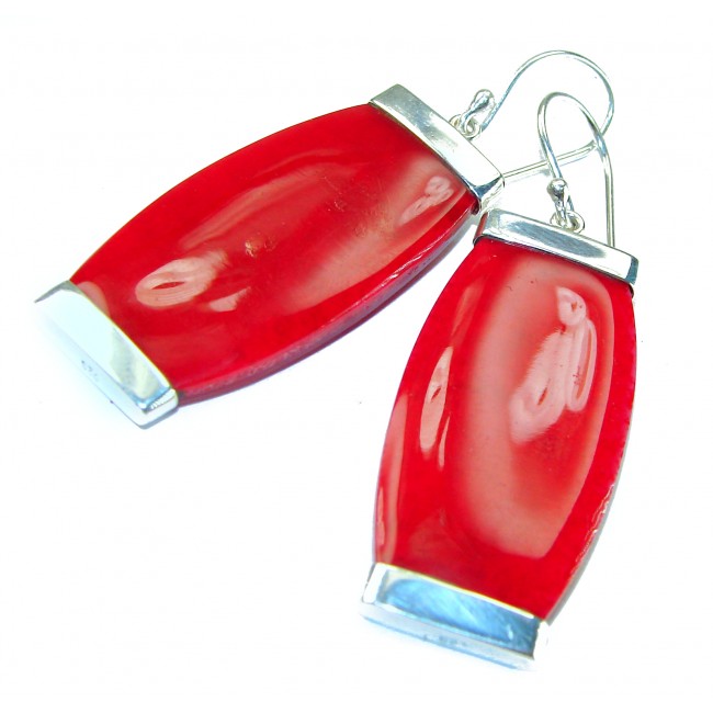 Large Genuine Red Fossilized Coral .925 Sterling Silver handmade earrings