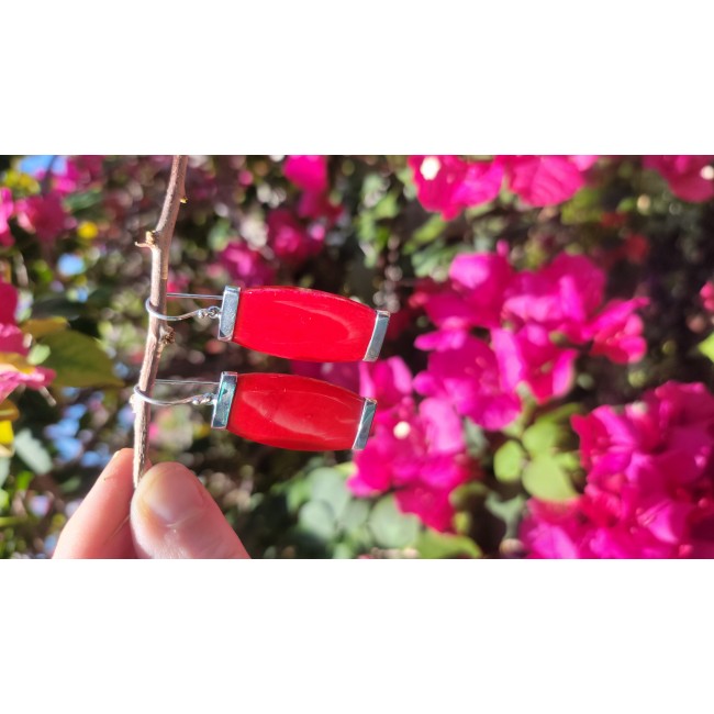 Large Genuine Red Fossilized Coral .925 Sterling Silver handmade earrings