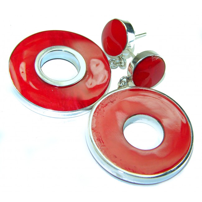 Large Genuine Red Fossilized Coral .925 Sterling Silver handmade earrings