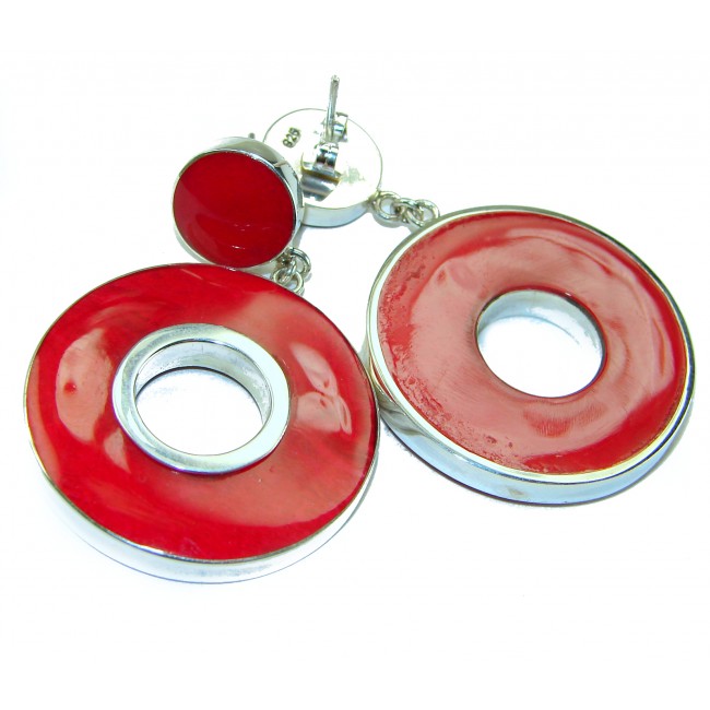 Large Genuine Red Fossilized Coral .925 Sterling Silver handmade earrings